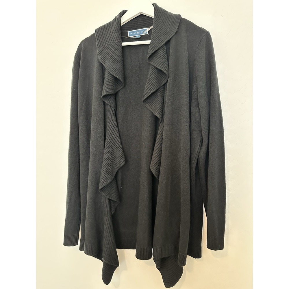 Karen Scott Luxe Soft Ruffled Cardigan Black Open Style Long Sleeve Size 1X